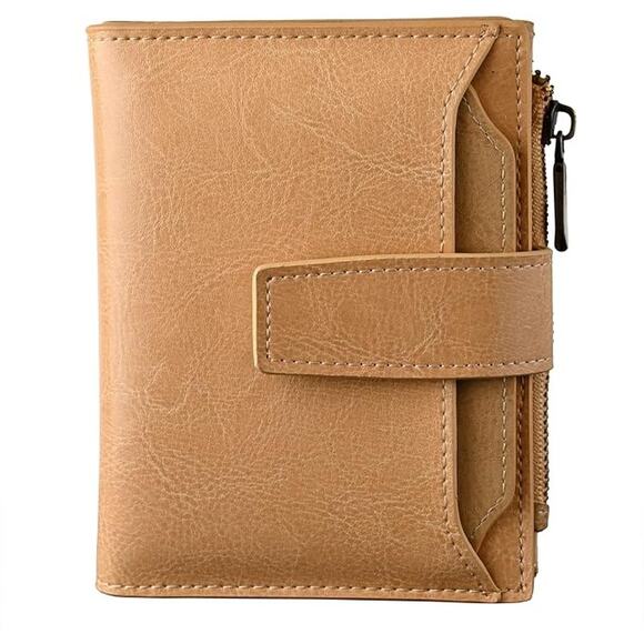 Women's Tan Faux Leather Bifold Wallet with Zipper Coin Pocket & Snap Closure - Picture 1 of 5